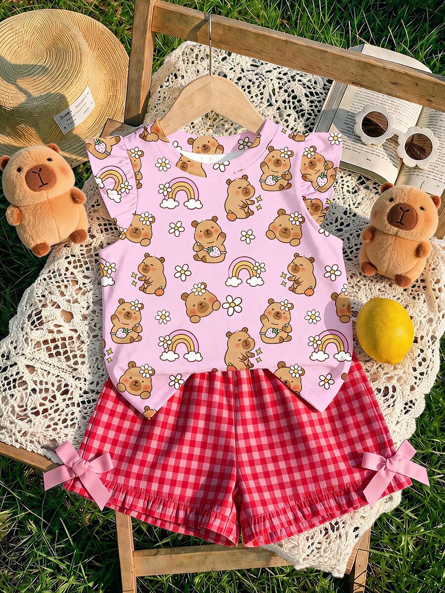 Young Girl Capybara Floral Strawberry Rainbow Print Flutter Sleeve Round Neck Top - Multicolor - View 1