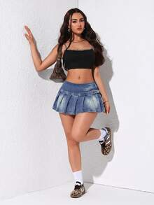 Jeanoix Women's Pleated Casual Versatile Daily Denim Mini Skirt - Blue - View 5