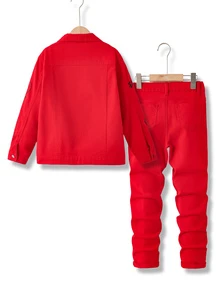 SHEIN 2Pcs Tween Boy Bear Game Graffiti Pattern Loose-Fitting Long-Sleeved Jacket And Stretchy Tight Jeans - Red - View 2