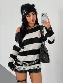 SHEIN ICON Women's Street Sexy Distressed Long Sleeve Striped Sweater - Black and White - View 6