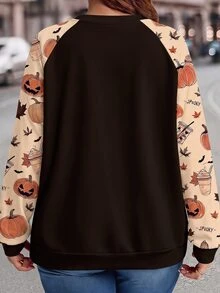 Mellowie 大尺碼女款萬聖節南瓜印花插肩袖運動衫，休閒秋冬款 - 彩色 - 查看 2
