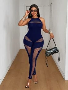 Maweii Plus Size Women's Patchwork Fishnet Halter Neck Sexy Jumpsuit - Navy Blue - View 4
