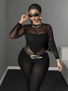 Maweii Women's Plus Size Patchwork Fishnet Long Sleeve Sexy Jumpsuit - Black - View 1