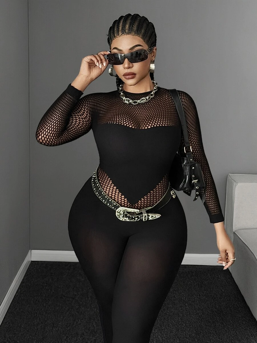 Maweii Women's Plus Size Patchwork Fishnet Long Sleeve Sexy Jumpsuit - Black - View 1