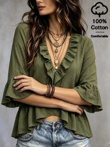 Linhara CURVE Plus Size Vintage Army Green Crinkled Texture Fabric Collar Wrap 3D Ruffle Deep V Neckline Front Closure Mid-Sleeve Gathered Cuffs Flared Frill Trim Waistline Horizontal Ruched Design Short Sweet Style 3/4 Sleeve Blouse - Army Green - View 6