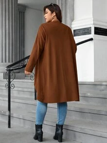 SHEIN Clasi 大尺碼女款純色大翻領瀑布領開襟夾克外套 - 鏽棕色 - 查看 2