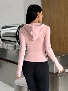 Muchica Women's Pink Slim Fit Hooded Zip Up Cropped Brushed Sports Jacket Gym Jacket Workout Jacket Yoga Jacket Sportswear Activewear Breathable Fall Winter - Coral Pink - View 3