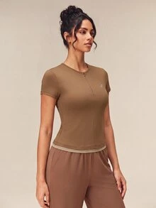 OutZeal Women Sports Tee Gym Workout Casual Soft Slim-Fit Front Half Zip Short Sleeve T-Shirt Summer - Brown - View 5