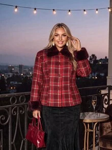Auralis Christmas Plaid Wool Print Slim Fit Patchwork Fur Collar Jacket/Plus Size Long Sleeve Autumn/Winter Vintage Jacket - Red - View 3