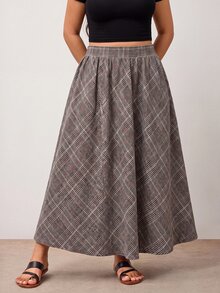 Enliva Plus Size High Waist Plaid A Line Maxi Skirt With Pockets Apple - Brown - View 7