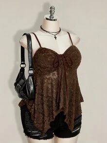 SHEIN ICON Plus Size Drawstring Bow Tie Cami Tank Top, Asymmetrical Hem, Y2K Style, Suitable For Summer, Graduation Season, Back To School - Brown - View 6