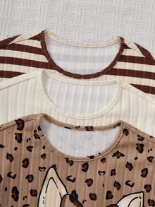 SHEIN Girls' 2 Pieces Set, Simple Casual, Round Neck Long Sleeved Pants Set, Multiple Colors To Meet Different Preferences, Preferred For Autumn Set - Brown - View 3