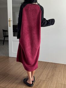 DAZY Women's Autumn/Winter Coral Fleece Cute Bear Pattern Colorblock Raglan Sleeve T-Shirt Dress Nightgown - Red - View 2