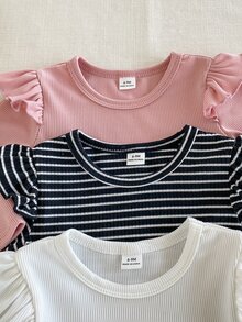 SHEIN Playful Pals 3件組女嬰粉色與白色條紋秋季可愛畢業返校軟彈素色荷葉邊長袖上衣休閒款 - 黑與白 - 查看 4