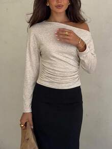 Siren Gaze Women's Asymmetrical Shoulder Ruched Cinched Waist Casual Everyday Versatile Long Sleeve Blouse - Multicolor - View 1