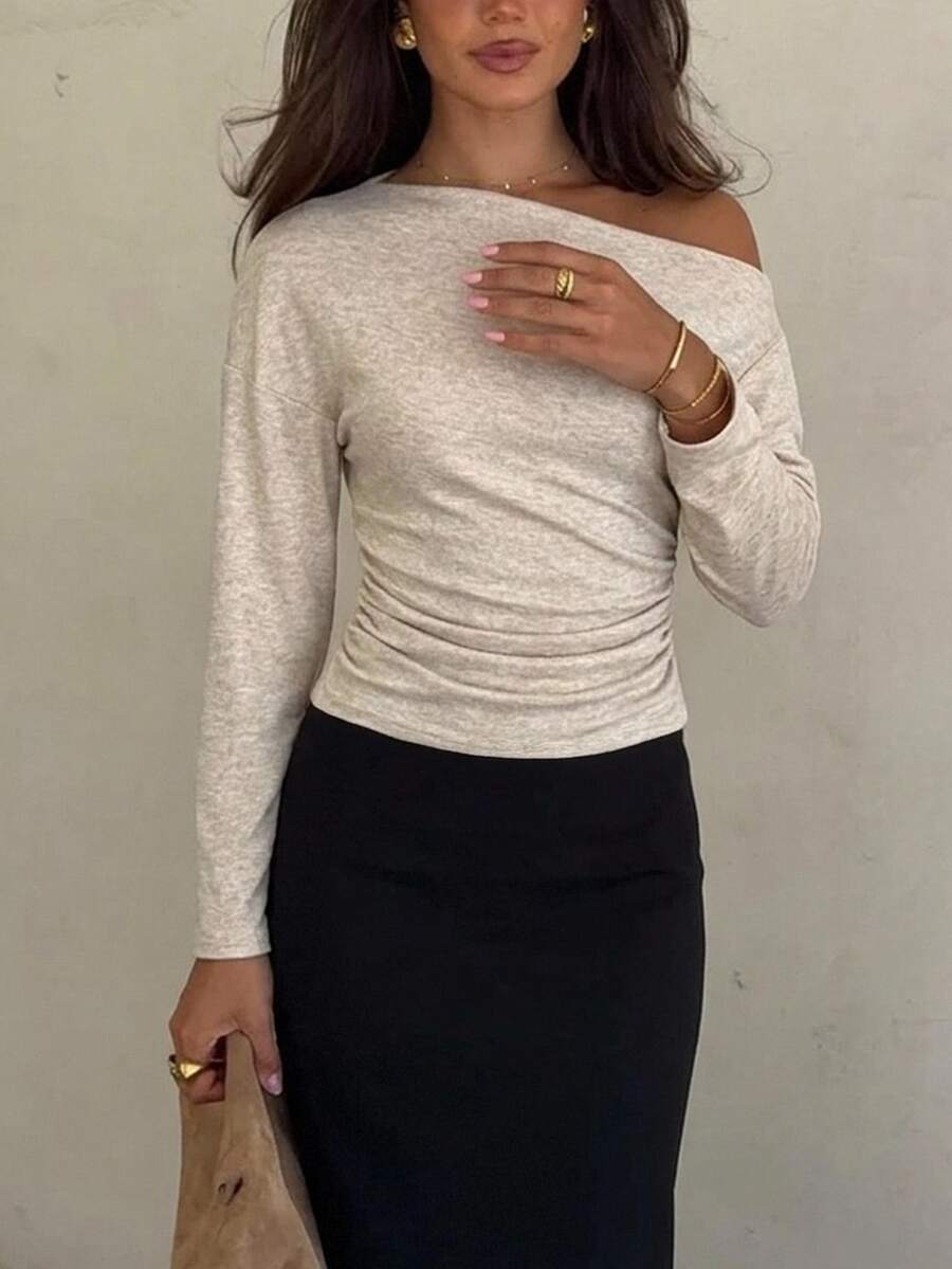 Siren Gaze Women's Asymmetrical Shoulder Ruched Cinched Waist Casual Everyday Versatile Long Sleeve Blouse - Multicolor - View 1