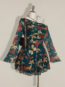 SHEIN ICON 大尺碼 Y2K 單肩長袖楓葉印花網紗洋裝，復古休閒修身款，適合春季 - 墨綠色 - 查看 6
