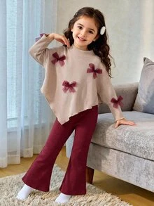 SHEIN 女童2件套，半高領長袖羅紋網紗蝴蝶結上衣 + 純色喇叭褲，柔軟彈性甜美套裝，可愛兒童春秋裝 - 紅色 - 查看 4