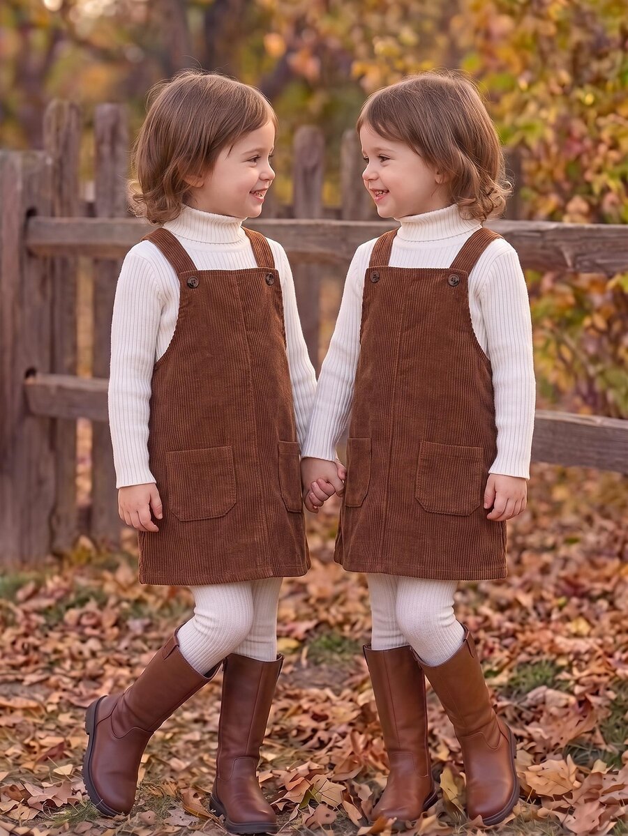 Young Girls Pocket Decor Short Pinafore Dress - Brown - View 1