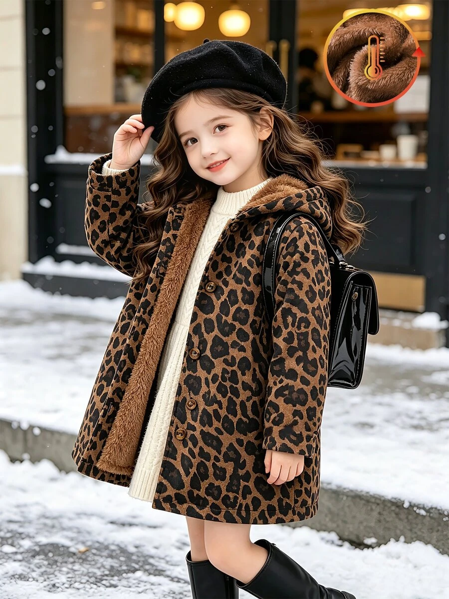 Young Girl Leopard Print Hooded Jacket With Fleece Lining, Button Front Long Sleeve Casual Coat For - Brown - View 1