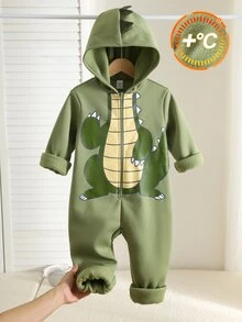 SHEIN Young Boy Casual Comfortable Cute Style Cartoon Dinosaur Design Loose Knit Soft Hooded Long Sleeve Zip-Up Jumpsuit All-Match Versatile Suitable For Home And Outings - Green - View 3