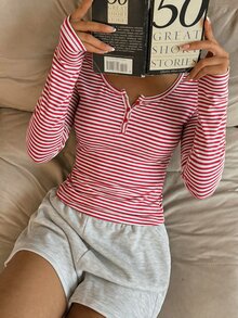 CovetEZ 女款春夏棉混紡紅色條紋半拉鍊T恤 - 紅色 - 查看 3