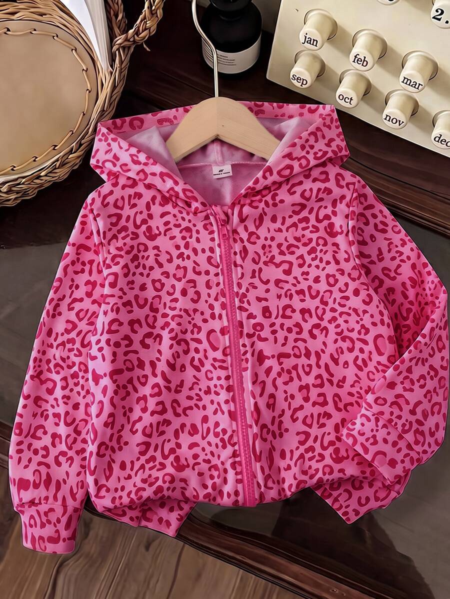 Elladie kids 女童連帽豹紋復古仙女公主衛衣街頭風秋季休閒嘻哈嬰兒洗禮 7 歲生日 粉色 - 玫紅色 - 查看 1