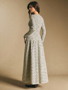 Poéselle 女款時尚度假條紋拼色長袖洋裝 - 灰色 - 查看 2