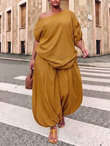 Zivah Women's Plus Size Asymmetrical Neckline Loose Fit 2 Pieces Set - Yellow - View 8