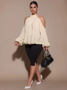 SHEIN BAE CURVE Plus Size Women's Solid Color Cold Shoulder Lantern Sleeve Fashion Blouse - Apricot - View 4