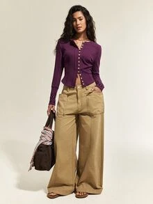 SHEIN Women's Minimalist Elegant Single-Breasted Long Sleeve Casual T-Shirt - Purple - View 3
