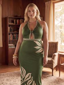 CAJUNI Plus Size Women's Tropical Plant Print Sexy Halter Neck Vacation Dress - Green - View 1