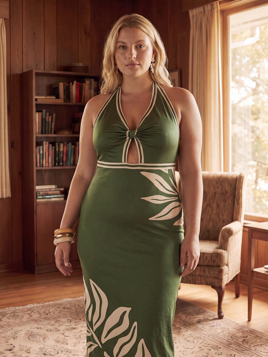 CAJUNI Plus Size Women's Tropical Plant Print Sexy Halter Neck Vacation Dress - Green - View 1