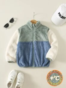 SHEIN 兒童小男孩秋冬款毛絨拼色立領夾克外套，男童夾克大衣，毛絨夾克，綠色夾克，秋冬夾克 - 彩色 - 查看 3