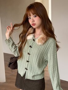 K-Vae Women's Autumn/Winter Green Fur Collar Patchwork Horn Button Sweet Versatile Sweater - Cadet Blue - View 1