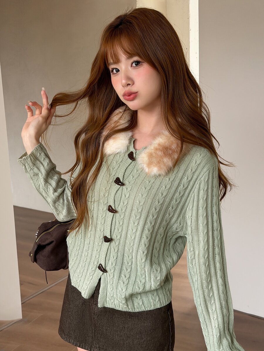 K-Vae Women's Autumn/Winter Green Fur Collar Patchwork Horn Button Sweet Versatile Sweater - Cadet Blue - View 1