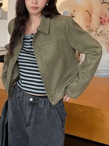 K-Vae Women's Green Suede Jacket, Cropped Fit, Autumn/Winter Jacket - Army Green - View 6