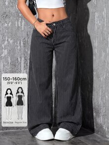 SHEIN PETITE 女款條紋口袋寬腿寬鬆休閒牛仔褲 - 黑色 - 查看 1