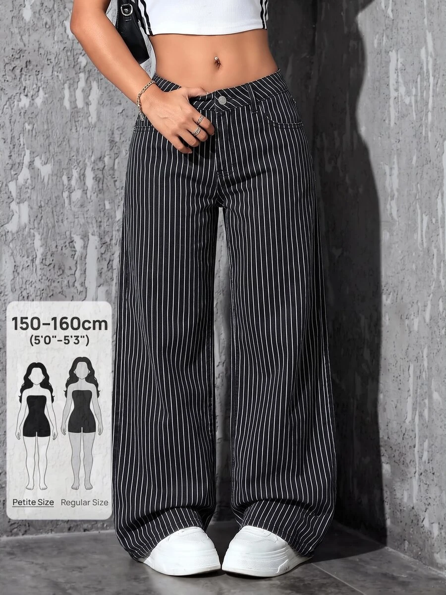 SHEIN PETITE 女款條紋口袋寬腿寬鬆休閒牛仔褲 - 黑色 - 查看 1