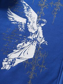 ROMWE MEN Goth 男士天使印花長袖拉鍊連帽衛衣，毛皮拼接設計 - 藍色 - 查看 8