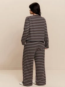 CovetEZ Autumn/Winter New Casual Striped Camisole Cardigan And Drawstring Long Pants Daily Home Wear Plus Size 2 Pieces Set - Multicolor - View 2
