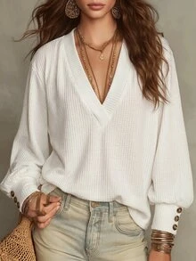 SHEIN LUNE Kaos Lengan Panjang Jacquard Wanita Serbaguna untuk Pemakaian Sehari-hari - Putih - View 1