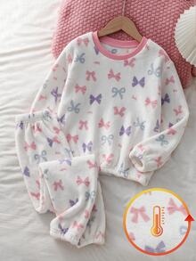 Bộ đồ ngủ 2 món cho bé gái tween, thu/đông mới, họa tiết nơ in toàn thân, lót nhiệt, lông xù dày, thân thiện với da, ấm áp, cổ tròn, tay dài, quần dài, đồ mặc nhà 1 set - trắng - Xem 3