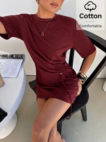 Lavishia 女款優雅修身抓皺寬鬆舒適純棉上衣，適合休閒度假 - 酒紅色 - 查看 4
