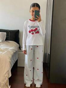 Dazy Kids 對比色圓領圖案印花休閒女童家居服套裝 秋季 - 白色 - 查看 6