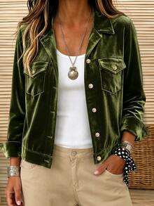 Linhara CURVE جاكيت نسائي مقاس كبير عملي قصير بأكمام طويلة من المخمل الذهبي، كاجوال/للتنقل ملابس علوية/جاكيت - أخضر - مشاهدة 1
