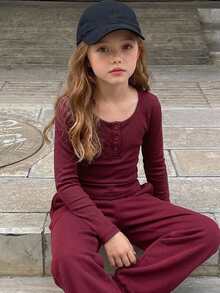DAZY Tween Girl) Red Fitted Long Sleeve Half-Placket Inner Layer Crew Neck T-Shirt, Autumn - Burgundy - View 3