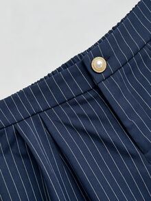 GlowEve CURVE Women's Plus Size Fashion Striped Pleated Casual Wide Leg Long Pants, Suitable For Commuting, Outings And Daily Wear, Dress Pants - Blue - View 3