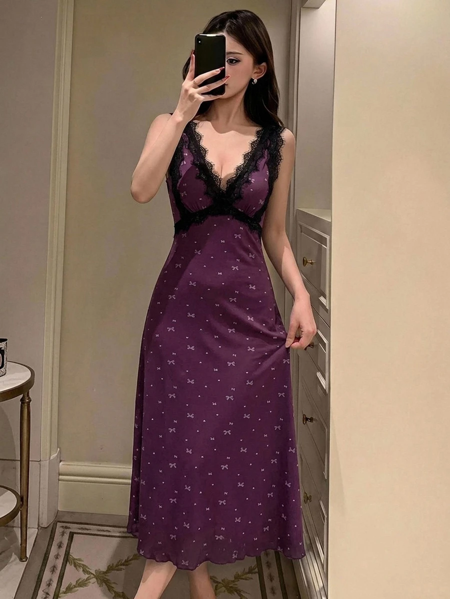DAZY 秋冬蝴蝶結圖案滿版印花對比色蕾絲拼接收腰長洋裝夏季女款睡裙 - 紫色 - 查看 1