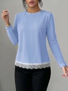 Selianne Women's Elegant Spring/Autumn Sheer Lace Back Design Pullover Long Sleeve Loose Fit T-Shirt - Blue - View 2